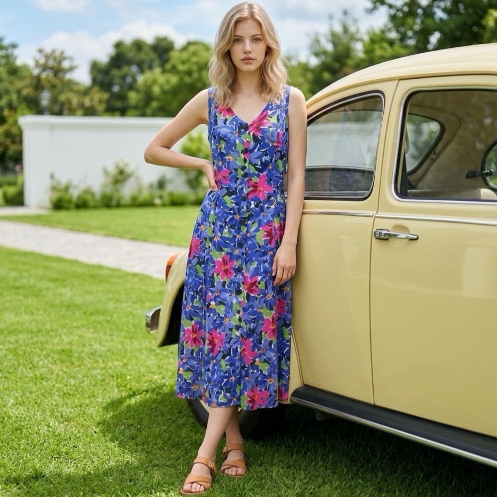 Y2K Button Down Floral Maxi Dress Small Artsy Tropical Gardengirl Cottagecore